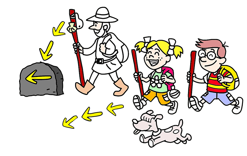 Illustrated drawing of Pinta and Pinto together with a pilgrim doing the French Camino de Santiago.