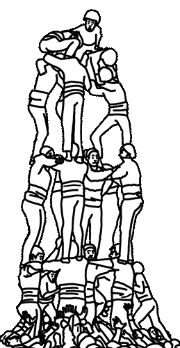 Hand drawn illustration of Castellers on top of each other on the map of Spain to colour making a human tower.