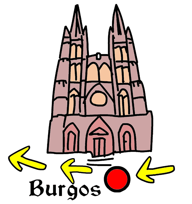 Illustrated drawing of the Cathedral of Burgos with the dates of the Camino de Santiago.