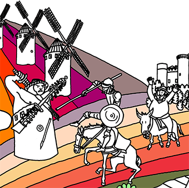 Don Quijote y Sancho peleando contra los molinos de viento en el mapa de España para colorear.