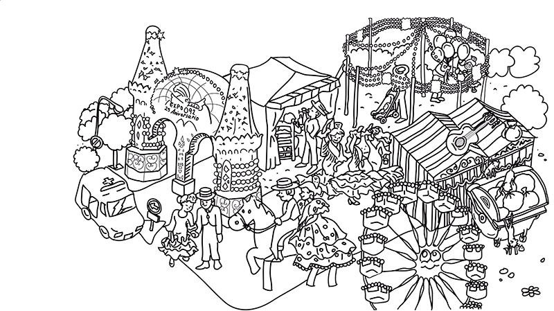 Illustration of the Seville fair in which people dressed in flamenco costumes are represented among the tents of the fair and people dancing flamenco.