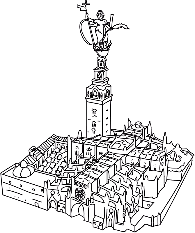 Ilustración de la Giralda de Sevilla con el Giraldillo en lo alto de la torre.