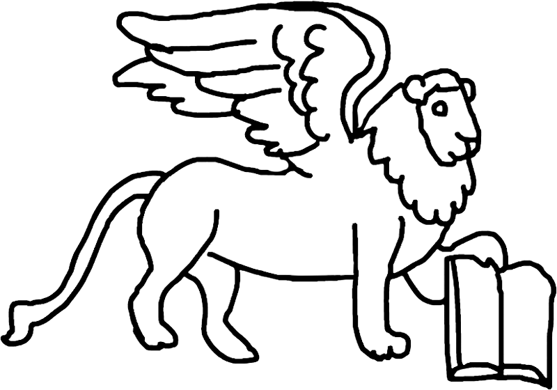 Illustration of the winged lion which is the symbol of Venice. If the book holding the lion is open it means it was a period of peace, if it is closed a period of war.