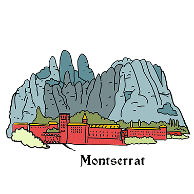 Illustrated image of the Monserrat Monastery on the Camino de Santiago coloring map.