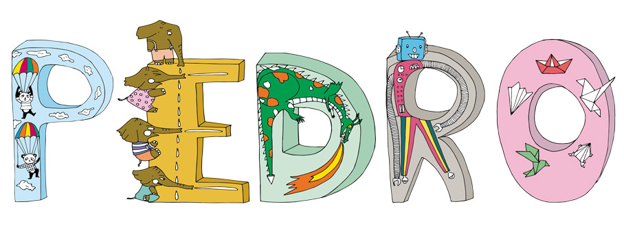 letters that form the boy's name, PEDRO, created with cut-outs of the letters on the poster or pdf.