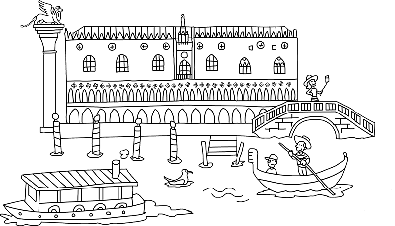 Ilustración del Palacio Ducal de Venecia al fondo con una góndola y vaporetto.