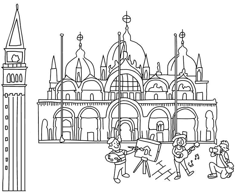 Illustration of St Mark's Square in Venice, St Mark's Basilica and the Campanile.