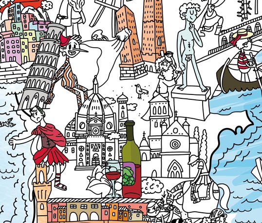 cover of the video the will show the coloring map of Italy with some traditional element like the tower of Pisa.