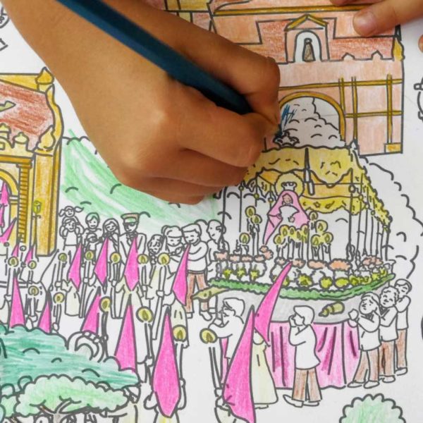 detalle de la semana santa de sevilla y uno de los pasos en el mapa de Sevilla para colorear de Pinta y Pinto