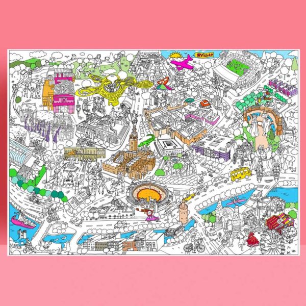 map of Seville to colour in full with various parts painted on a pink background