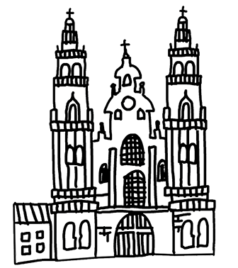 Illustrated drawing of the cathedral of Santiago de Compostela.