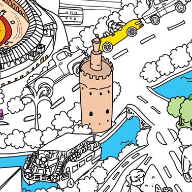 Ilustración para colorear de la Torre del Oro de Sevilla a la orilla del río Guadalquivir.