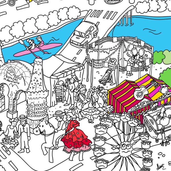 detalle de la feria de abril coloreada en al mapa de Sevilla para colorear de Pinta Pinto