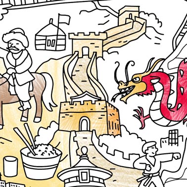 Ilustración de la gran muralla china con un dragón en la parte derecha.