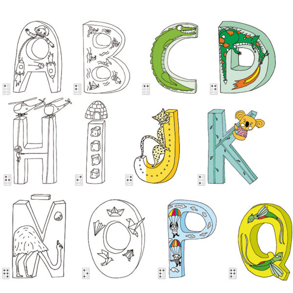 12 letters, 6 already coloured and 6 uncoloured, from the giant colouring alphabet Mega Abc by Pinta y Pinto.