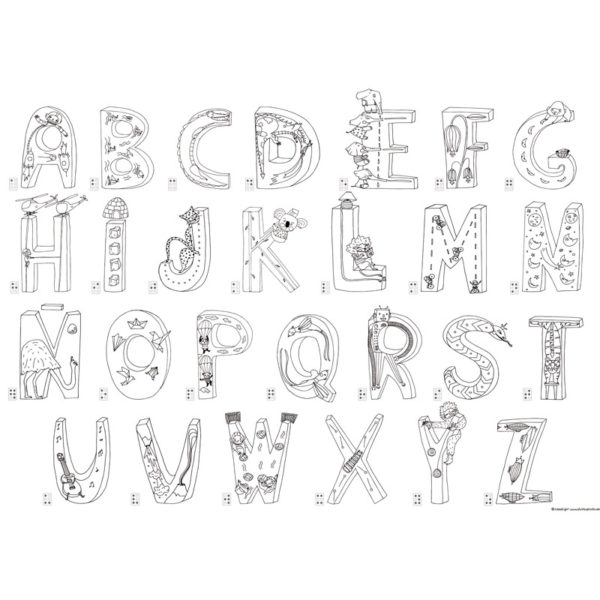 Image that shows the Mega ABC giant colouring alphabet by Pinta y Pinto in black and white before colouring