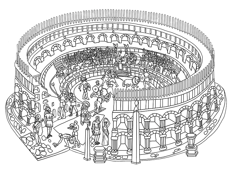 Ilustración de un anfiteatro romano en el mapa para colorear del Imperio Romano, resaltando la grandeza de este anfiteatro histórico.