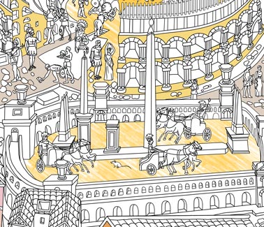 Ilustración del Circo Romano en el mapa de Roma Imperial para colorear, capturando la emoción de los juegos y entretenimiento en la antigua Roma.