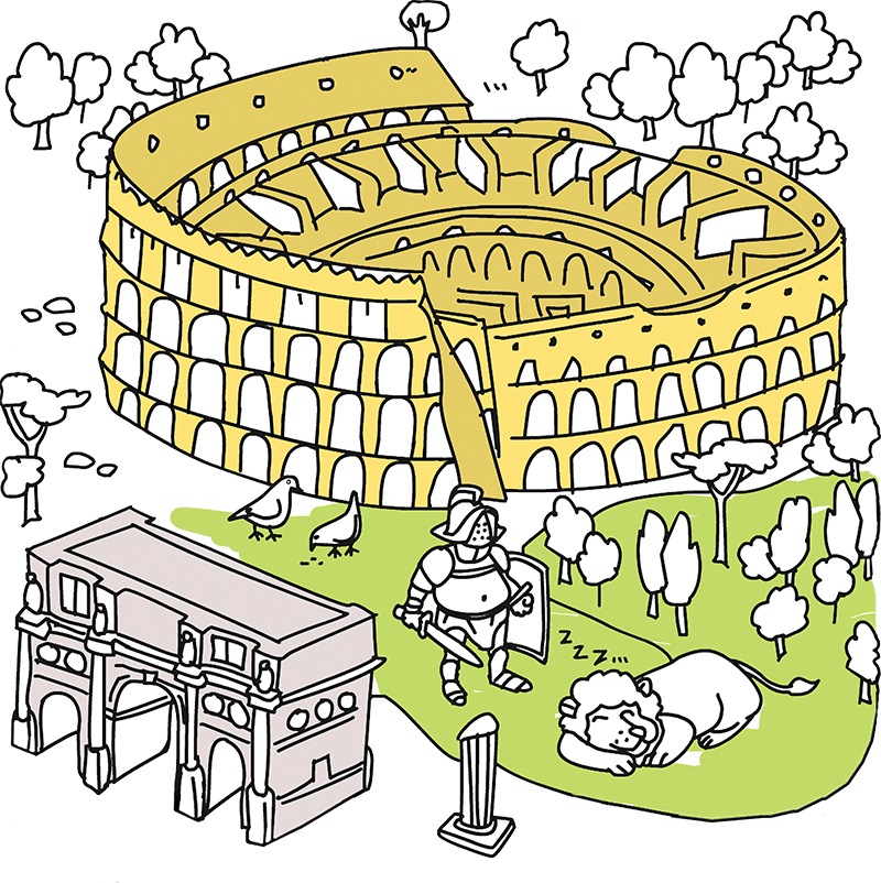 Ilustración del Coliseo de Roma a color amarillo con un gladiador.