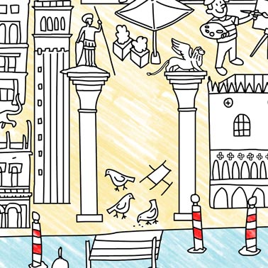 Illustration of the two columns in St. Mark's Square in Venice representing the patron saints of Venice, St. Mark and St. Theodore.