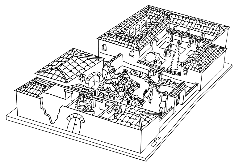 Ilustración del Domus en el mapa para colorear del Imperio Romano, reflejando la vida en las residencias romanas con sus características arquitectónicas y estilo de vida.