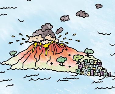 Ilustración de vista impresionante del Volcán Stromboli en nuestro mapa gigante de Italia para colorear de Pinta y Pinto.