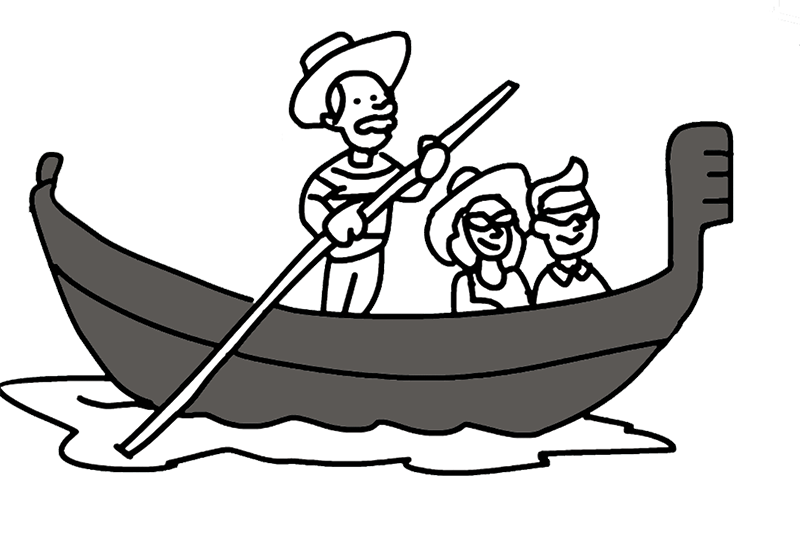 Illustration of a gondolier and passengers from the Pinta y Pinto map of Venice.