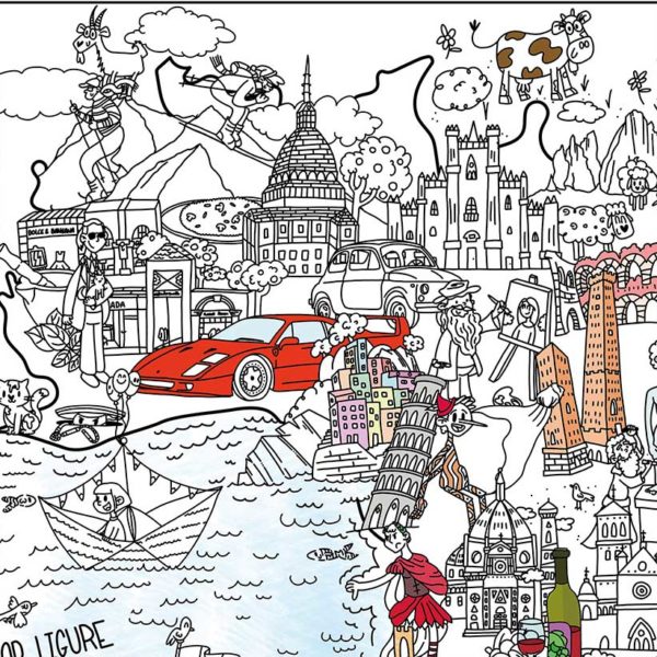 highlights of the Northern Italy with Turin, Milan, Cinque Terre, Ferrari, Fiat, on the colouring map of Italy.