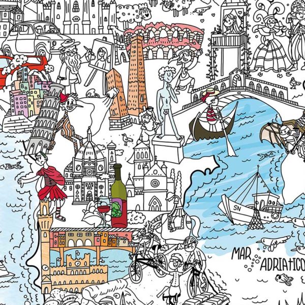 Tower of Pisa, Florence, Siena, Assisi, Tuscany, in the colouring map of Italy for children