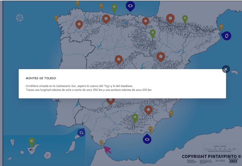 mapa mudo interactivo de España explicando las cordilleras de España, en este ejemplo los montes de Toledo.