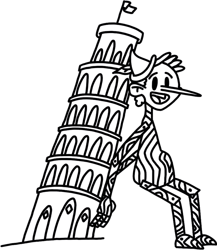 Ilustración de escena única: La Torre de Pisa sostenida por Pinocchio, parte del mapa gigante de Italia de Pinta y Pinto para colorear