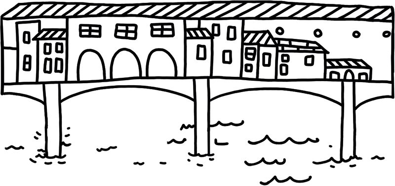 Ilustración del Ponte Vecchio en Florencia, parte del encanto italiano en nuestro mapa gigante para colorear de Pinta y Pinto.