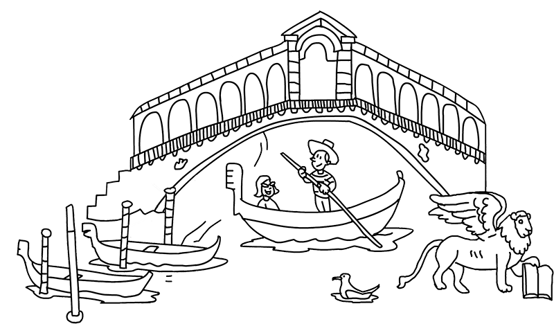 Ilustración del puente Rialto de Venecia en el que se ven a una góndola debajo del puente y el león alado típico de Venecia.