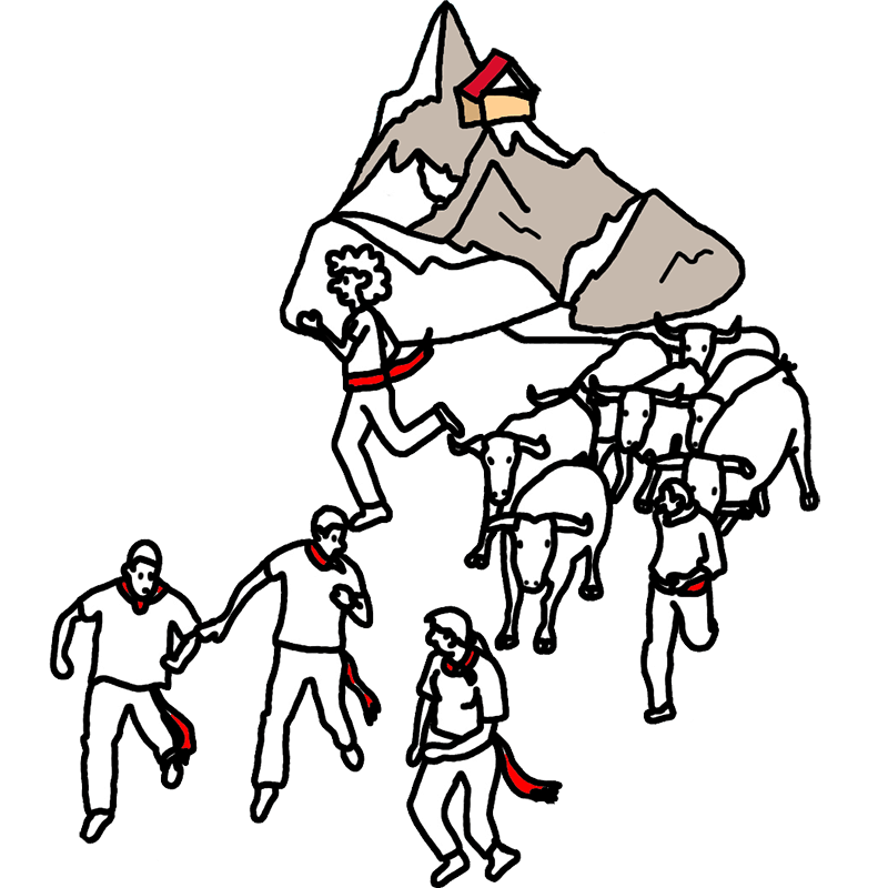 Illustration of the San Fermines where some boys are running in front of the bulls in Pamplona.