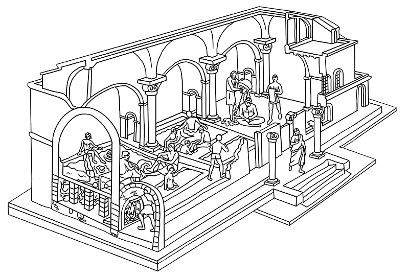 Ilustración de letrinas en el mapa para colorear del Imperio Romano, revelando los aspectos cotidianos de la vida romana.