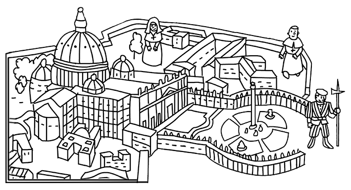 Illustration of the Vatican with St. Peter's Square and the Basilica.