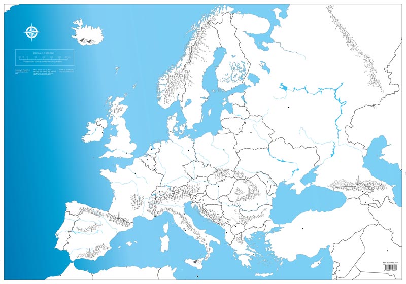 Mapa mudo de Europa gigante de Pinta y Pinto con fronteras, cordilleras y ríos.