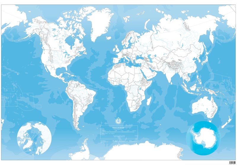 mapamundi mudo con fronteras de países, cordilleras y ríos.