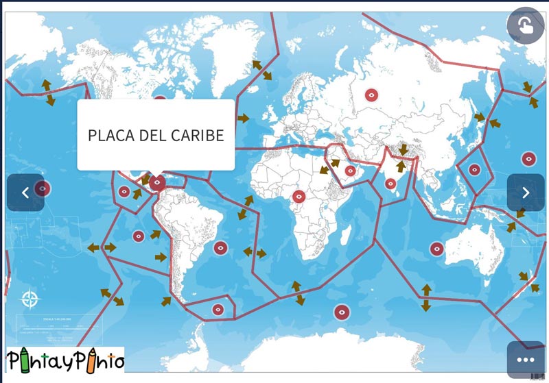 mapamundi interactivo con explicación de las placas tectónicas.