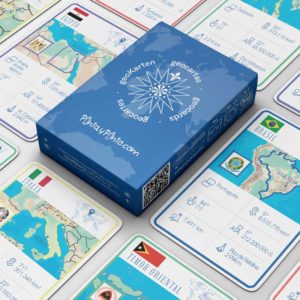 Cartas del juego de geografía Geocartas de Pinta y Pinto incluyendo Brasil, Egipto y otras