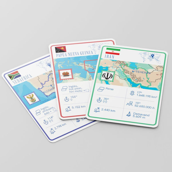 South Africa, Iran and Papua New Guinea playing cards from the geography game Geocartas World of Pinta y Pinto