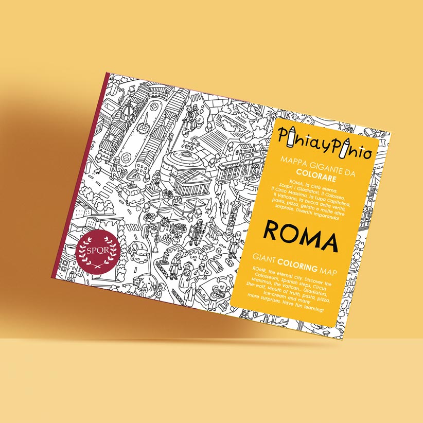 Portada del mapa gigante de Roma para colorear ilustrado a mano de Pinta y Pinto.