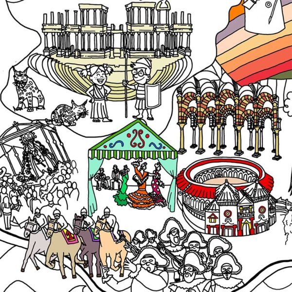 Detail of Andalusia to colour with images of the maestranza of Seville, Feria de Abril, Mosque of Cordoba on the map of Spain to colour