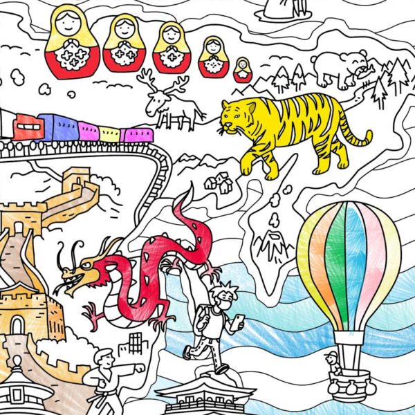 elementos característicos de Asia en el mapa de maravillas de mundo para colorear, con la muralla china, dragones, muñecas matryoshka, tigres de Siberia, y mucho más