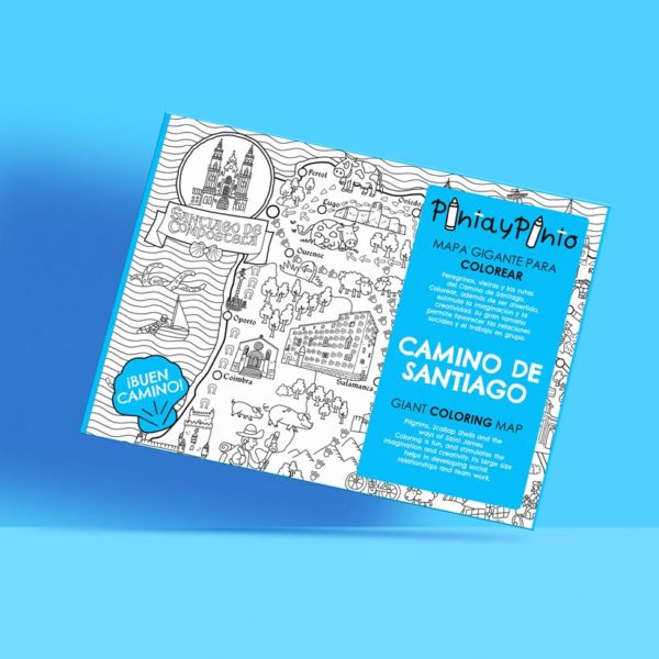 Carpeta del mapa del Camino de Santiago para colorear de Pinta y Pinto sobre un fondo azul