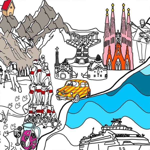 Detail of Catalonia to colour with images of the Sagrada Familia, Park Güell, castellers on the map of Spain to colour