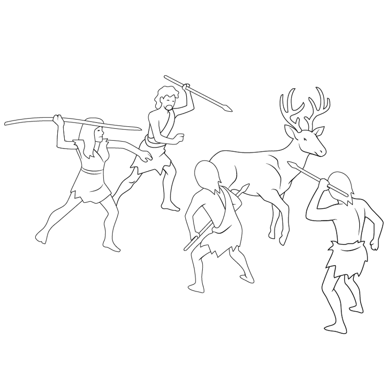 Man hunting a deer with basic weapons in Palaeolithic times.