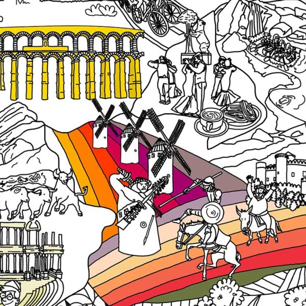 Image of the traditional Don Quixote with Sancho and the windmills on the map of Spain to colour in