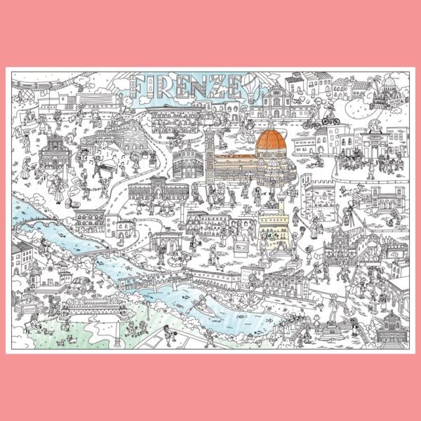 mapa de Florencia para colorear con algunas zonas pintadas sobre un fondo rosa