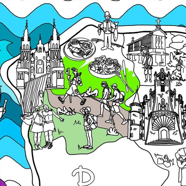 Detail of Galicia for colouring with images of the Camino de Santiago, Santiago Cathedral, Orrios, seafood on the map of Spain for colouring